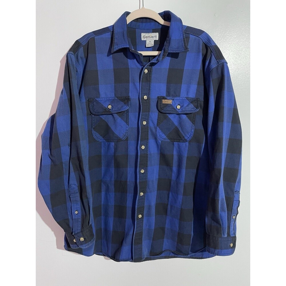 Vtg Carhartt Flannel Shirt Men XLT Blue Black Buffalo Plaid Lumberjack Heavy S95